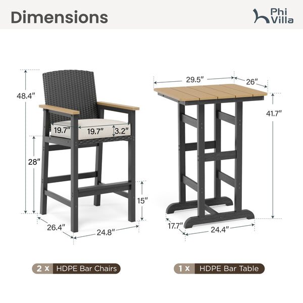 Tranquil 3-Pcs Outdoor High Bar set with HDPE Rattan Bar Stool and Wood-like Table