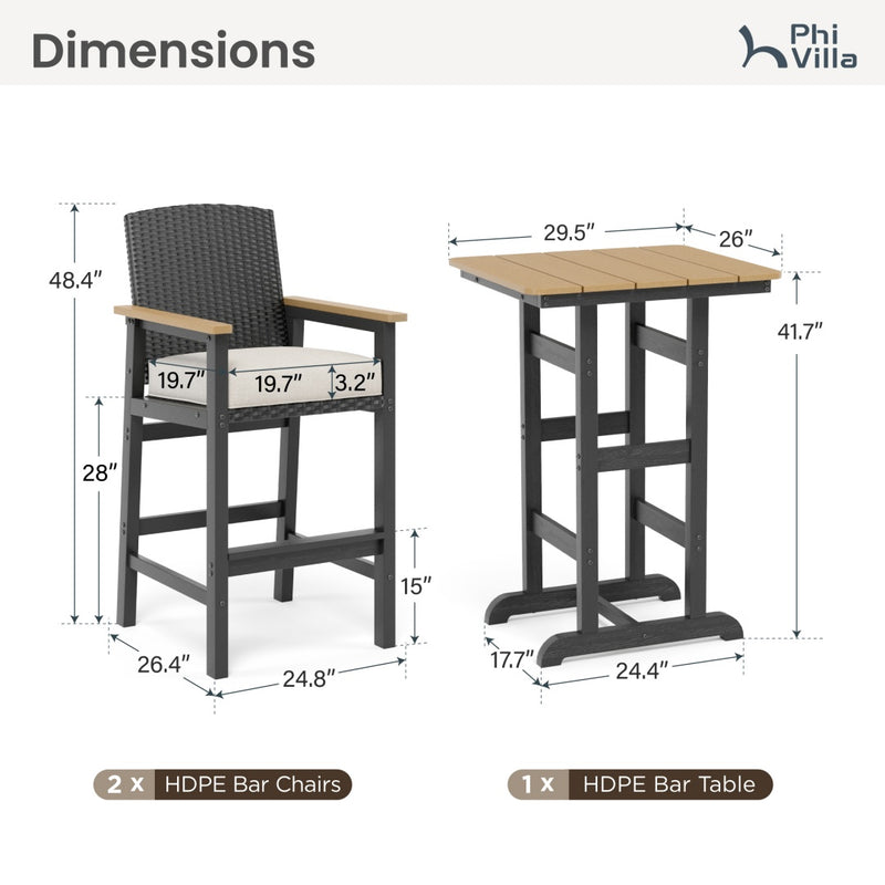 3-Pcs Outdoor High Bar set with HPDE Rattan Bar Stool and Wood-like Table