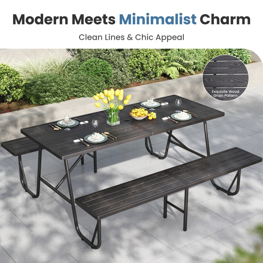 All-Weather Outdoor Picnic Table Set with 2 Benches, Wood-Grain Slat Top