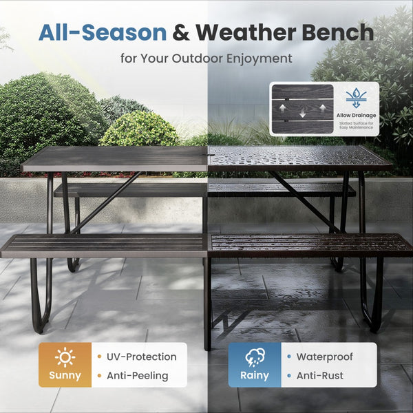 All-Weather Outdoor Picnic Table Set with 2 Benches, Wood-Grain Slat Top