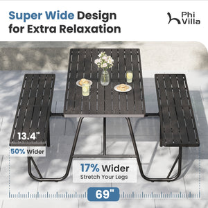 All-Weather Outdoor Picnic Table Set with 2 Benches, Wood-Grain Slat Top