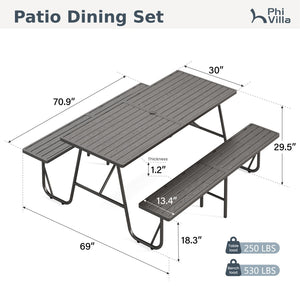 All-Weather Outdoor Picnic Table Set with 2 Benches, Wood-Grain Slat Top