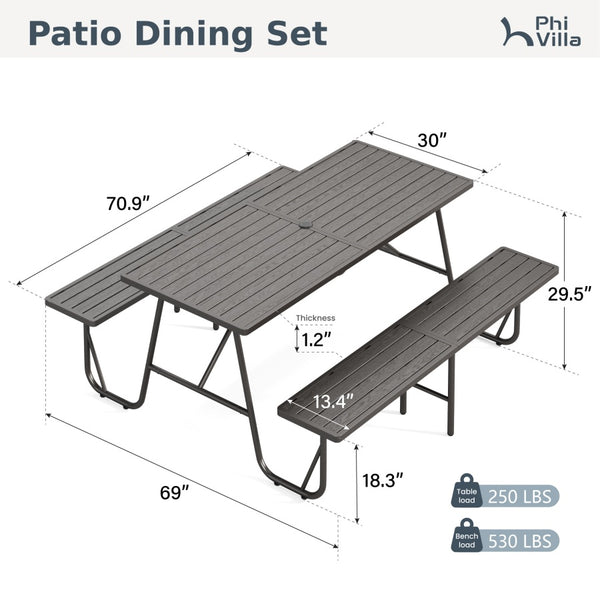 All-Weather Outdoor Picnic Table Set with 2 Benches, Wood-Grain Slat Top