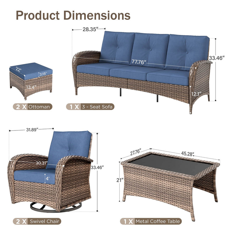 Phi Villa Patio Vintage Swivel Wicker Conversation Sofa Set