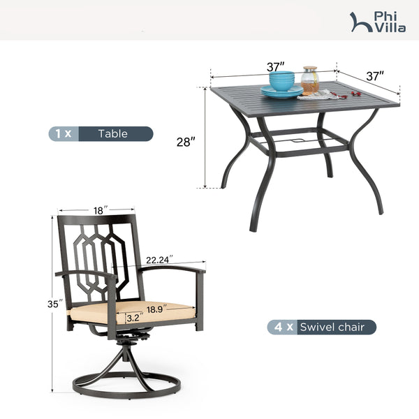Diamond 5-Piece Outdoor Dining Set with Swivel Chairs and Square Table