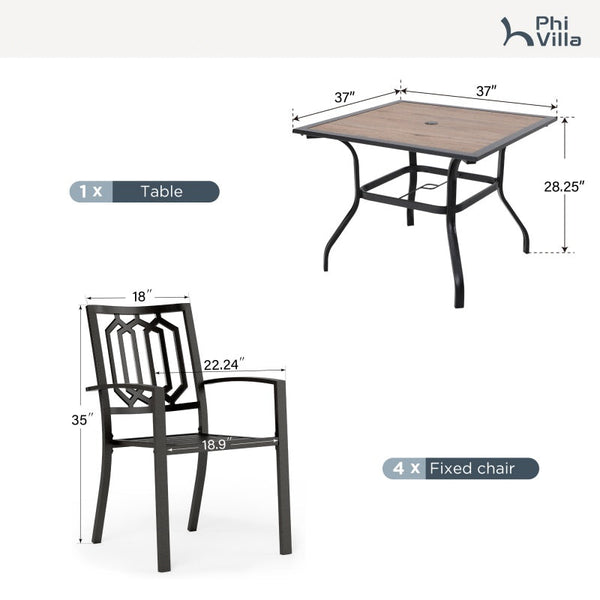PHI VILLA 5-Piece Metal Patio Dining Set Wood-look Table and 4 Pattern Stackable Chairs