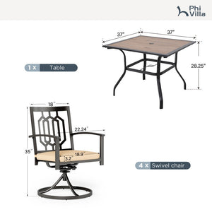 PHI VILLA 5-Piece Outdoor Patio Dining Set With Wood-look Table and 4 Pattern Swivel Chairs