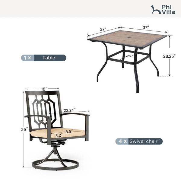 PHI VILLA 5-Piece Outdoor Patio Dining Set With Wood-look Table and 4 Pattern Swivel Chairs