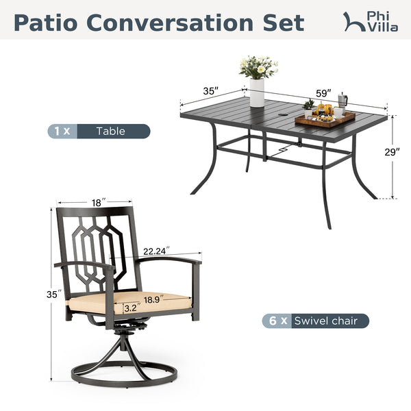 PHI VILLA 7-Piece Outdoor Patio Dining Set With Steel Panel Table and 6 Swivel Chairs