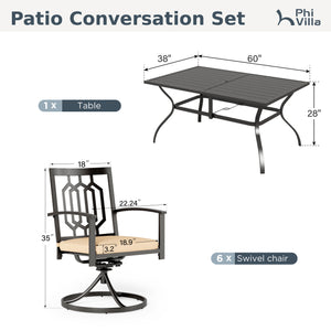 7-Piece Outdoor Patio Dining Set 6 Swivel Chairs and Rectangle Steel Table PHI VILLA