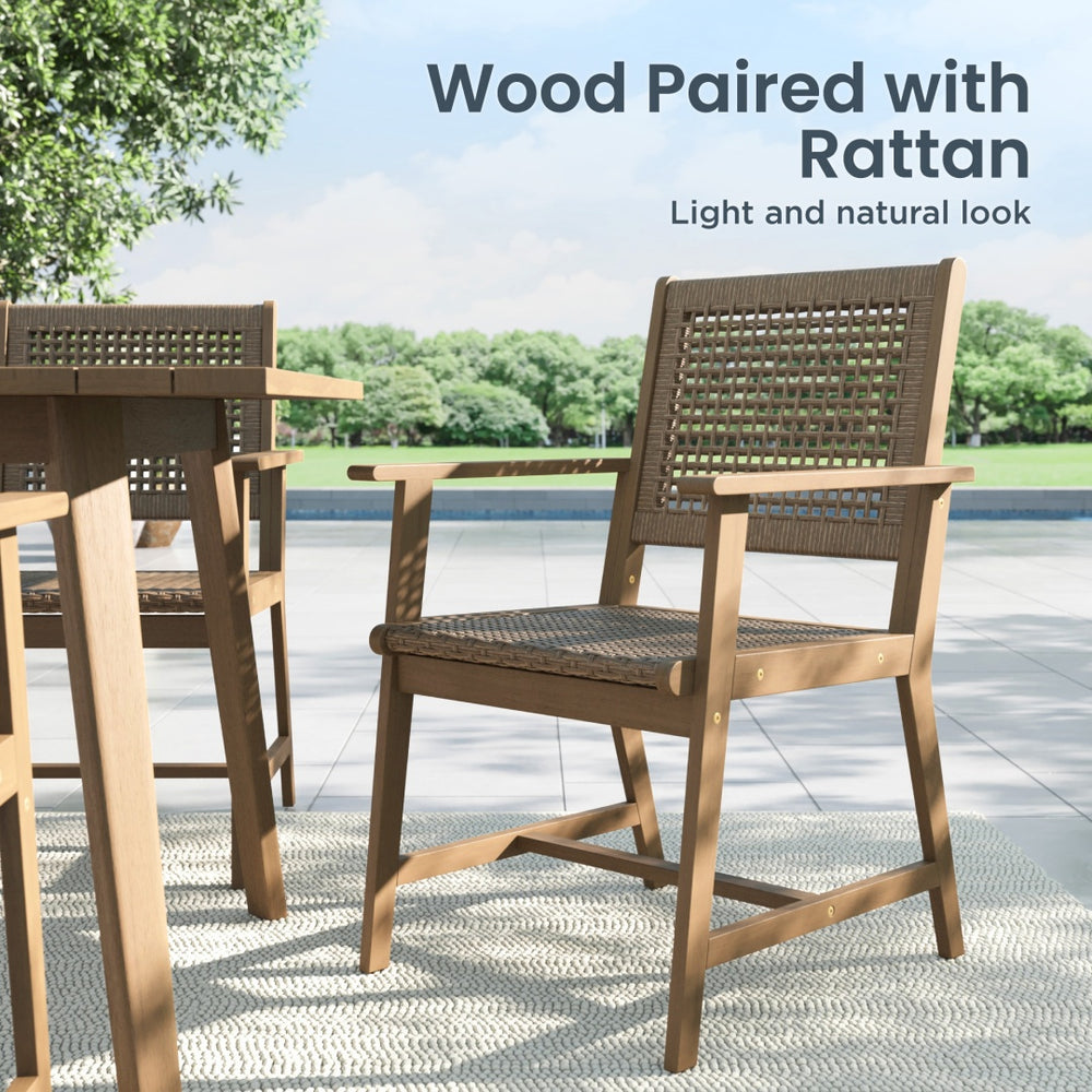 Honey Acacia Wood & Wicker Dining Set for Garden, Porch PHI VILLA