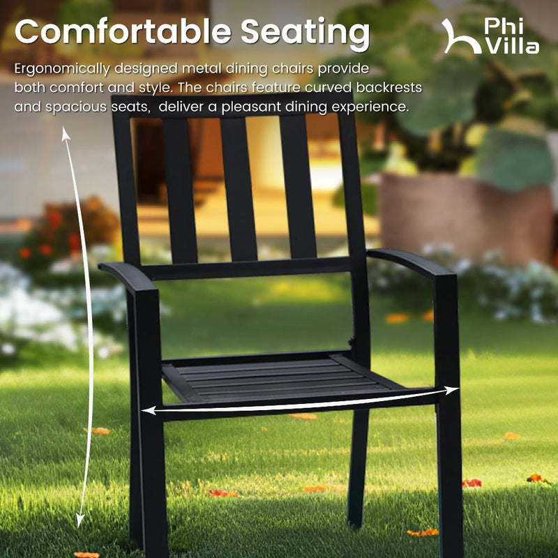 PHI VILLA 5-Piece Outdoor Dining Set 4 Patterned Stackable Chairs and Steel Slat Round Table
