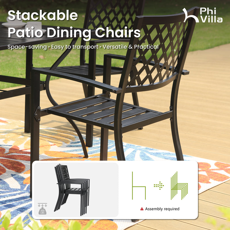 PHI VILLA 5-Piece Outdoor Dining Set 4 Patterned Stackable Chairs and Steel Slat Round Table