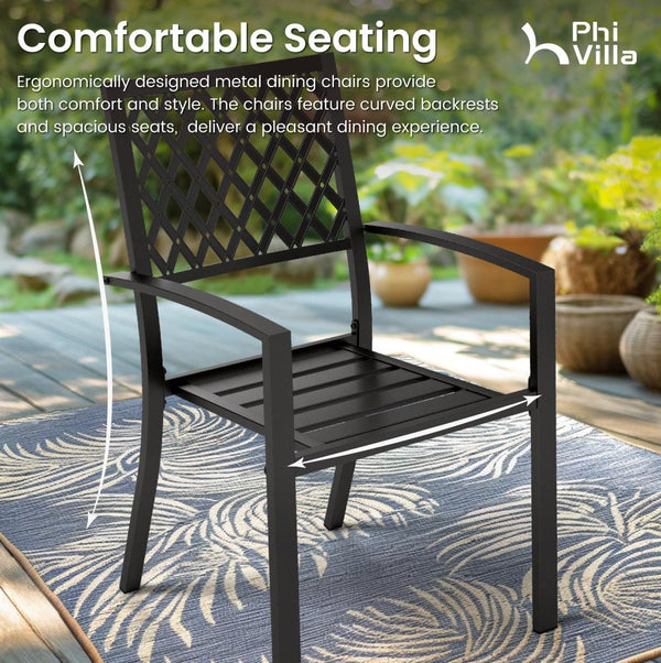 PHI VILLA 5-Piece Metal Patio Dining Set Wood-look Table and 4 Pattern Stackable Chairs