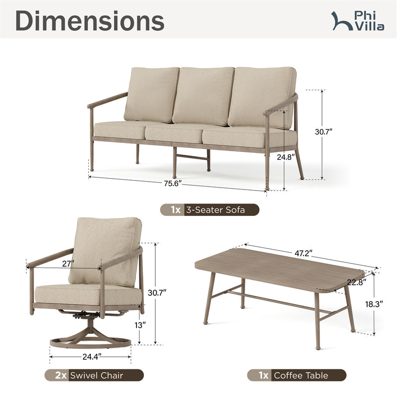 Phi Villa 5-Seater Windsor Sofa Set with Coffee Table, Iron Patio Sofa with Faux Wood Grain Finish