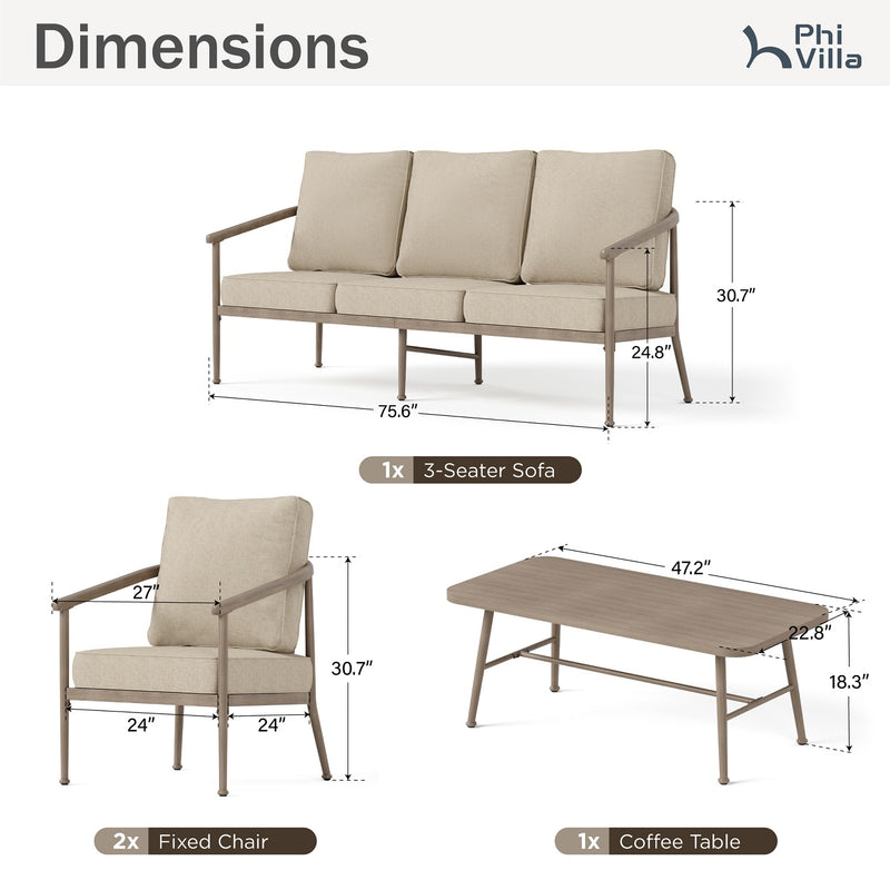 Phi Villa 5-Seater Windsor Sofa Set with Coffee Table, Iron Patio Sofa with Faux Wood Grain Finish