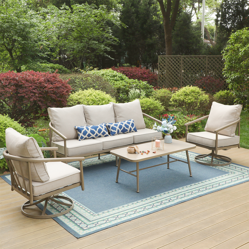 Phi Villa 5-Seater Windsor Sofa Set with Coffee Table, Iron Patio Sofa with Faux Wood Grain Finish