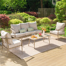 Phi Villa 5-Seater Windsor Sofa Set with Coffee Table, Iron Patio Sofa with Faux Wood Grain Finish