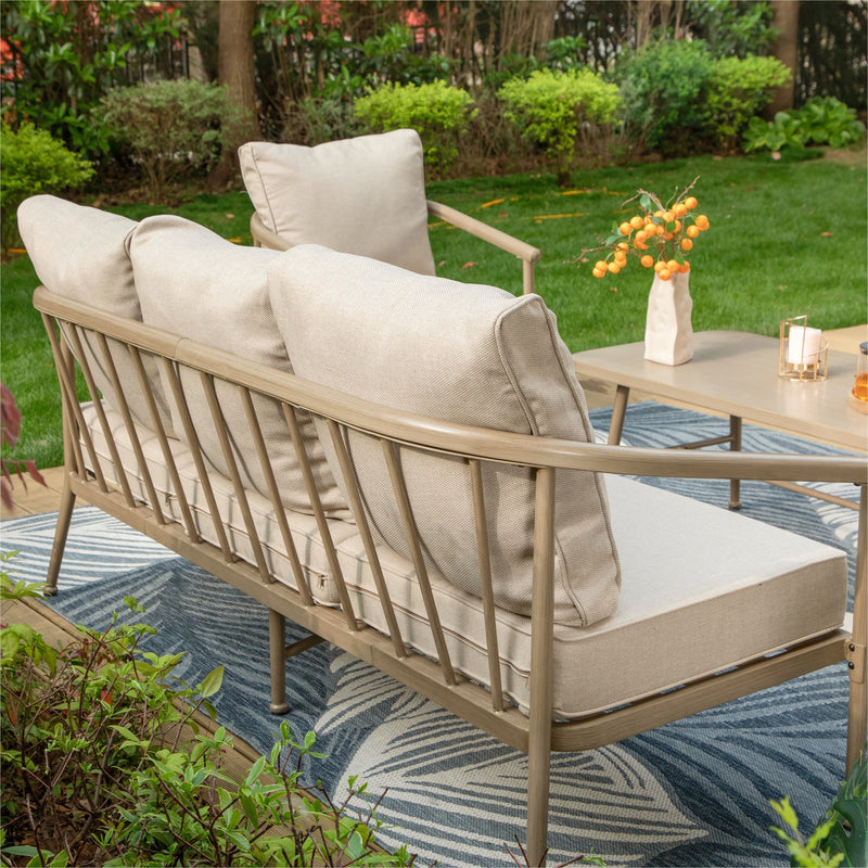Phi Villa 5-Seater Windsor Sofa Set with Coffee Table, Iron Patio Sofa with Faux Wood Grain Finish