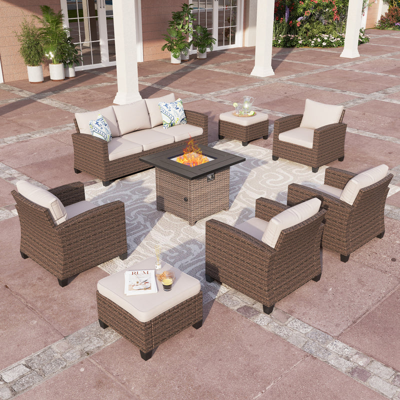 Phi Villa 9-Seater Patio Rattan Sofa Set With Square Fire Pit Table