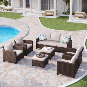 Phi Villa Outdoor 9-Seat Rattan Conversation Sofa Set With Ottomans