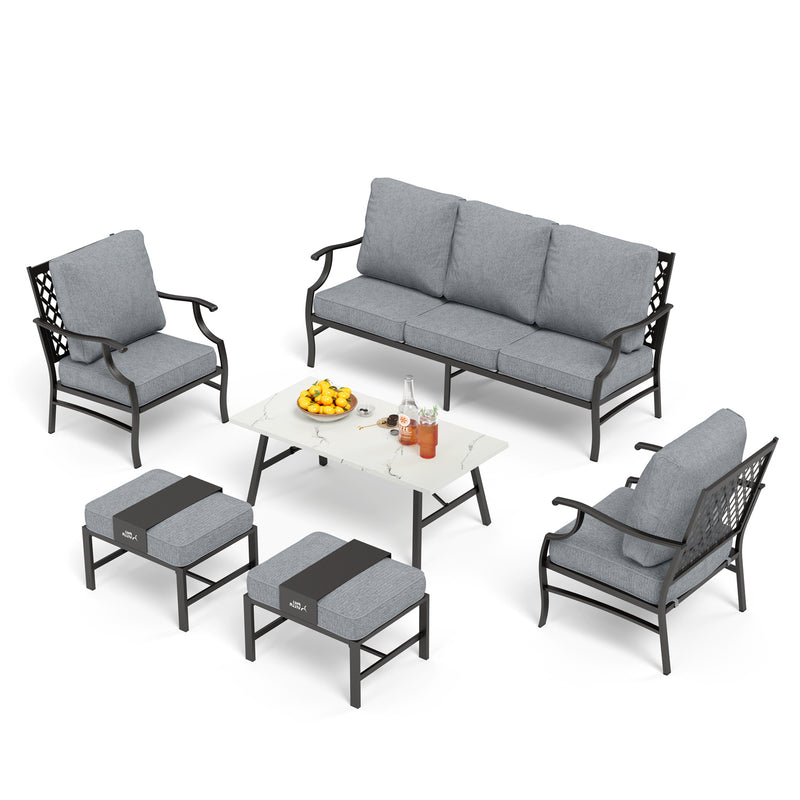 Phi Villa 7-Seater Patio Steel Sofa With Multi-fuctional Ottomans and Coffee Table