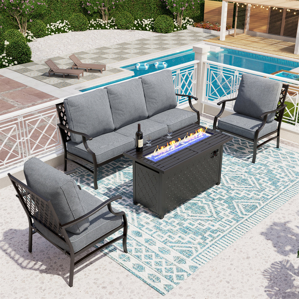 Phi Villa 5-Seater Outdoor Steel Conversation Sofa Set With Leather Grain Fire Pit Table
