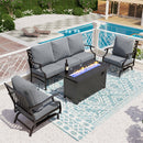 Phi Villa 5-Seater Outdoor Steel Conversation Sofa Set With Leather Grain Fire Pit Table