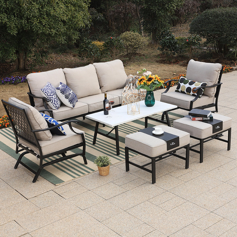 Phi Villa 7-Seat Outdoor Steel Conversation Sofa Set With Coffee Table & Ottomans