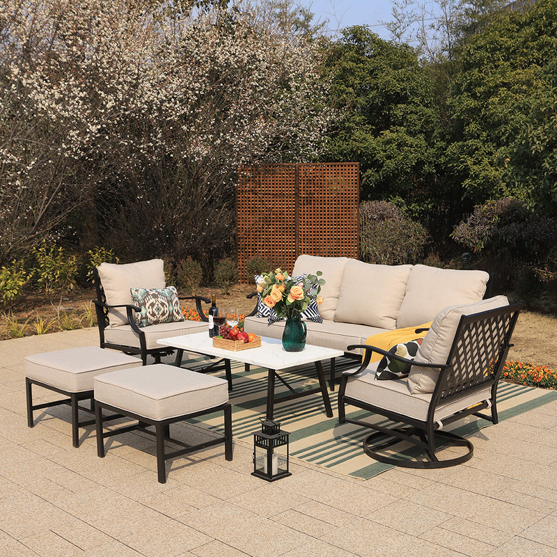 Phi Villa 7-Seat Outdoor Steel Conversation Sofa Set With Coffee Table & Ottomans