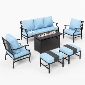 7-Seater Patio Metal Diamond Sofa Set with  Fire Pit Table