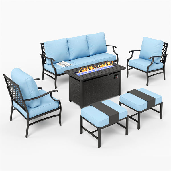 7-Seater Patio Metal Diamond Sofa Set with  Fire Pit Table