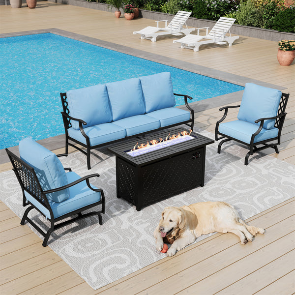 5-Seater Outdoor Metal Diamond Sofa Set with Fire Pit Table