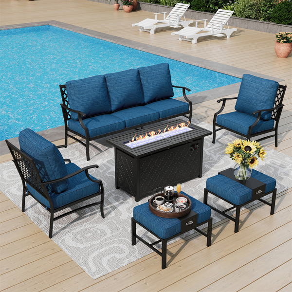 7-Seater Patio Metal Diamond Sofa Set with  Fire Pit Table