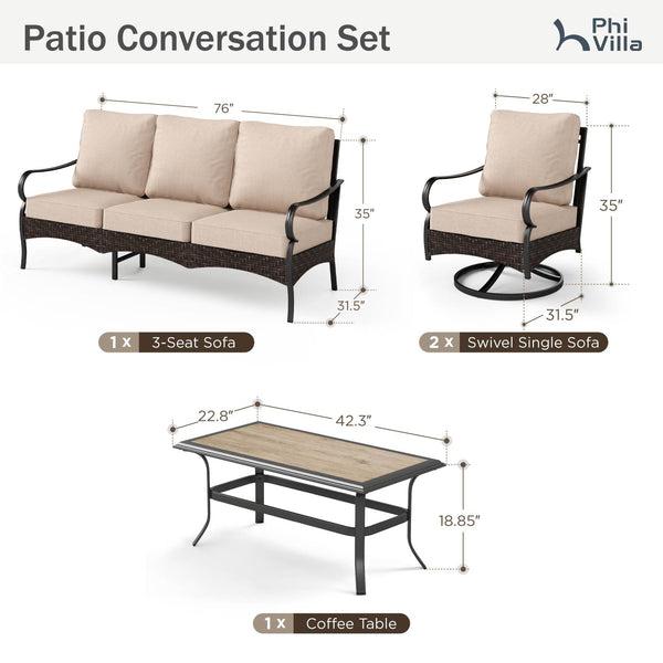 5-Seater Outdoor Metal and Rattan Cocoa Sofa Set with Coffee Table