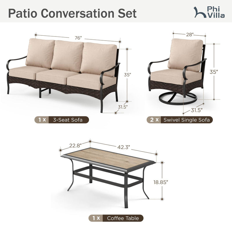 Phi Villa 5-Seater Outdoor Steel & Rattan Sofa Set With Coffee Table