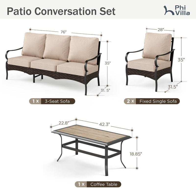 Phi Villa 5-Seater Outdoor Steel & Rattan Sofa Set With Coffee Table