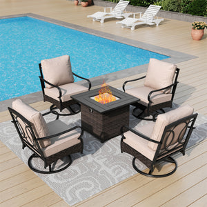 Phi Villa 4-Seater Outdoor Steel & Rattan Conversation Sofa Set With Square Fire Pit Table
