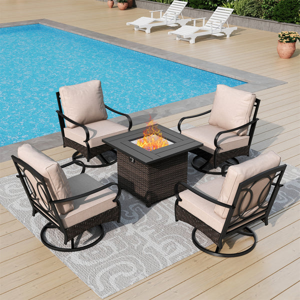 Phi Villa 4-Seater Outdoor Steel & Rattan Conversation Sofa Set With Square Fire Pit Table