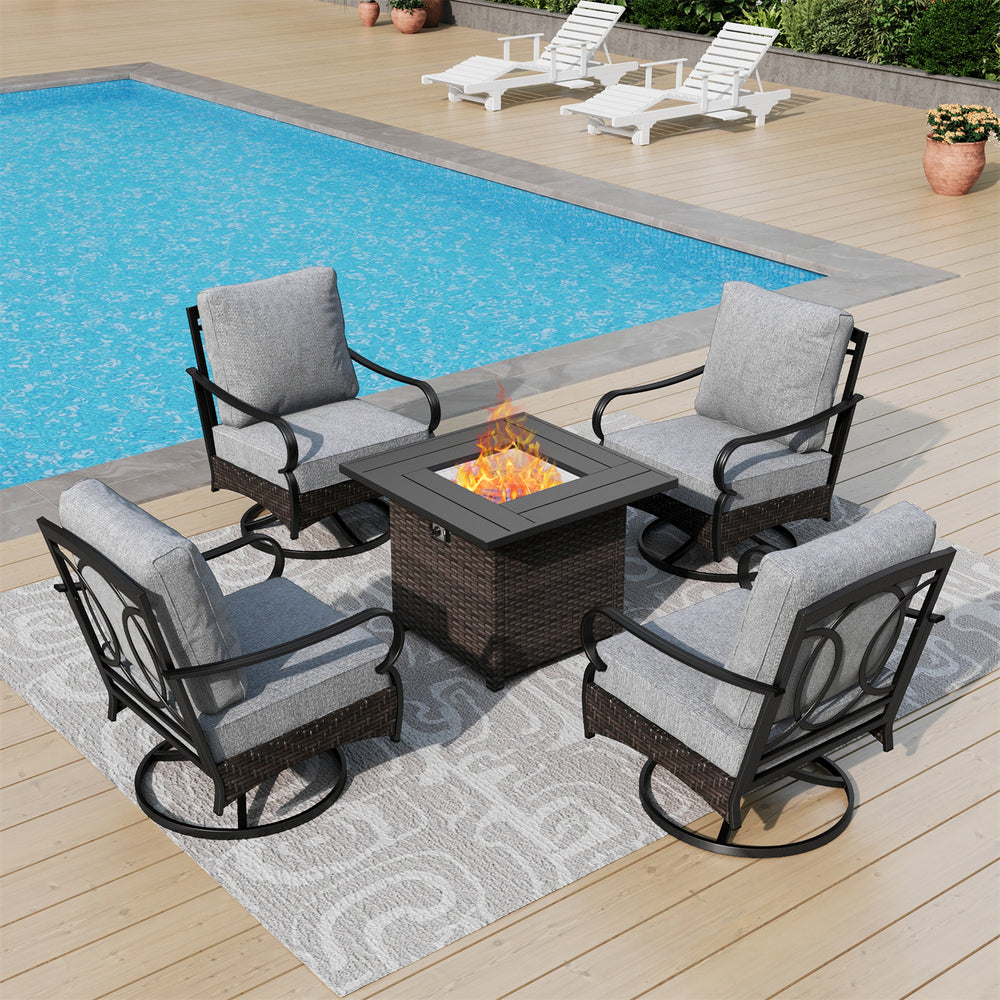 Phi Villa 4-Seater Outdoor Steel & Rattan Conversation Sofa Set With Square Fire Pit Table