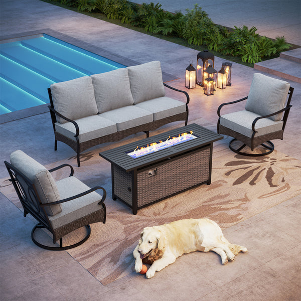 Phi Villa 5-Seater Outdoor Steel & Rattan Sofa Set With Rectangle Fire Pit Table