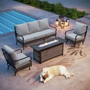 Phi Villa 5-Seater Outdoor Steel & Rattan Sofa Set With Rectangle Fire Pit Table