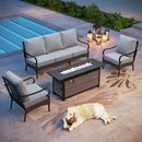 Phi Villa 5-Seater Outdoor Steel & Rattan Sofa Set With Rectangle Fire Pit Table