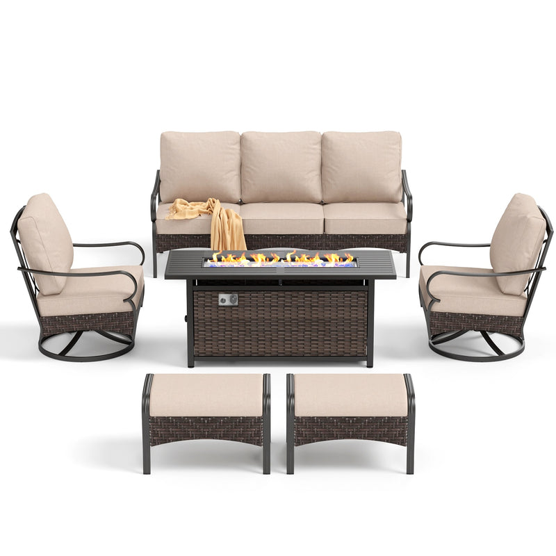 Phi Villa Outdoor Steel & Rattan Sofa Set With Rectangle Fire Pit Table