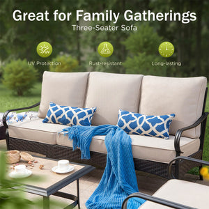 7-Seater Outdoor Metal and Rattan Cocoa Sofa Set with Fire Pit Table
