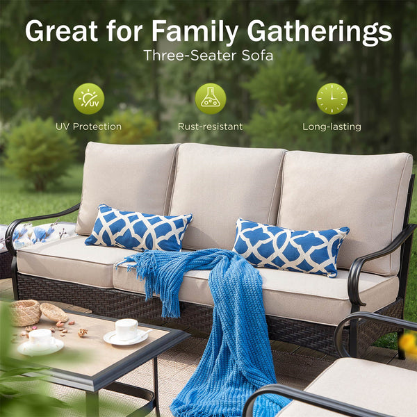 5-Seater Outdoor Metal and Rattan Cocoa Sofa Set With Square Fire Pit Table