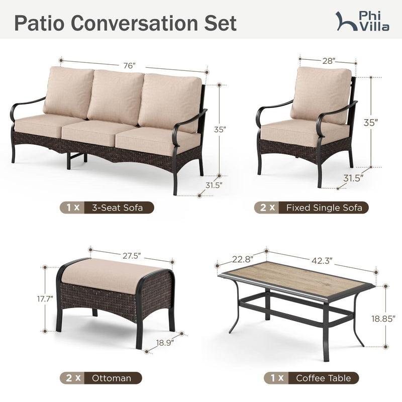 Phi Villa 7-Seater Wicker And Steel Outdoor Couch With Cushions Conversation Sofa Set
