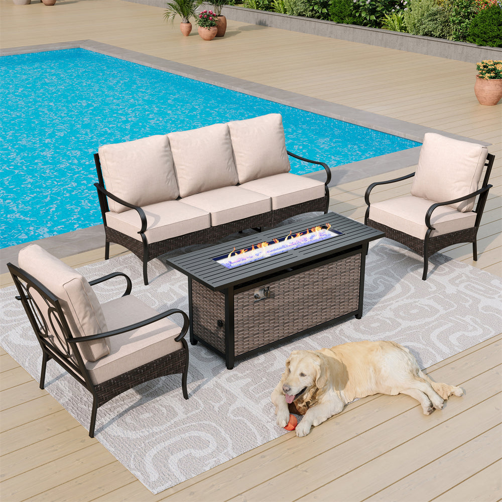 Phi Villa 5-Seater Outdoor Steel & Rattan Sofa Set With Rectangle Fire Pit Table