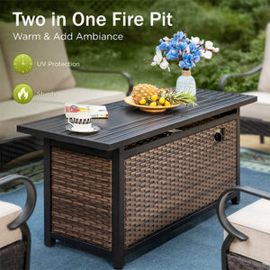 5-Seater Outdoor Metal and Rattan Cocoa Sofa Set wth Fire Pit Table