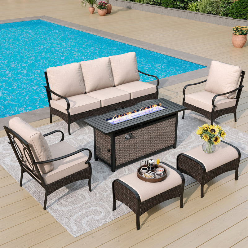 Phi Villa 7-Seater Outdoor Steel & Rattan Sofa Set With Rectangle Fire Pit Table